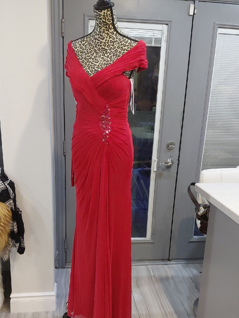 Mon Cheri Red Off-Shoulder Ruched Evening Gown with Beaded Accent